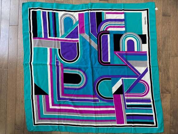 Accessories - Vintage Juliana Ray 100% Silk Geometric Scarf | Teal Purple Abstract Mod